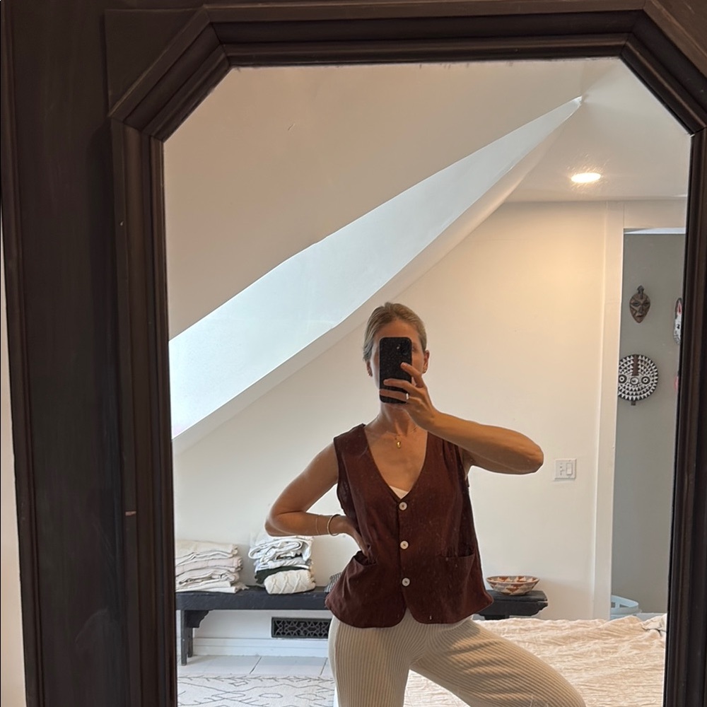 Brown Sleeveless Button-Up vest Top cotton